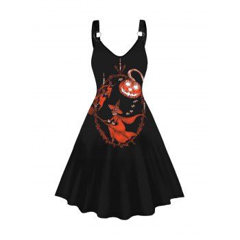 

Pumpkin and Witch Print Tank Dress O Ring V Neck Casual Midi Dress, Black