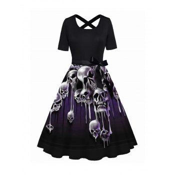 

Skull Print Dress Bowknot Crossover A Line Casual Midi Dress, Black