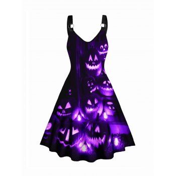 

Pumpkin Print Tank Dress O Ring A Line Casual Midi Dress, Black