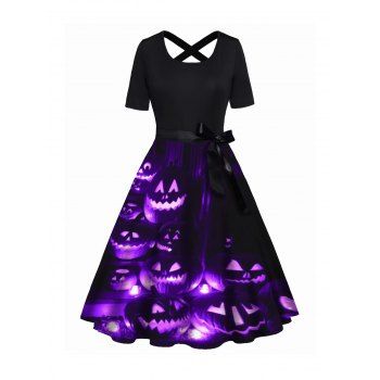 

Pumpkin Print Dress Bowknot Crossover A Line Casual Midi Dress, Black