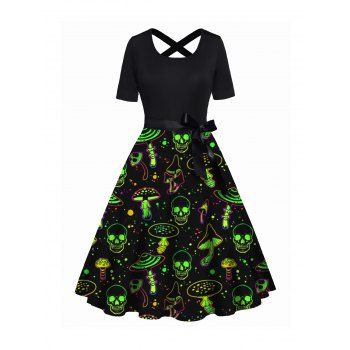 

Skull and Mushroom Print Dress Bowknot Crossover A Line Casual Midi Dress, Black