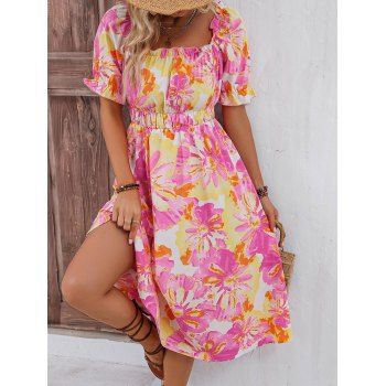 

Floral Print Sundress Puff Sleeves Square Neck Vacation Mini Dress, Light pink