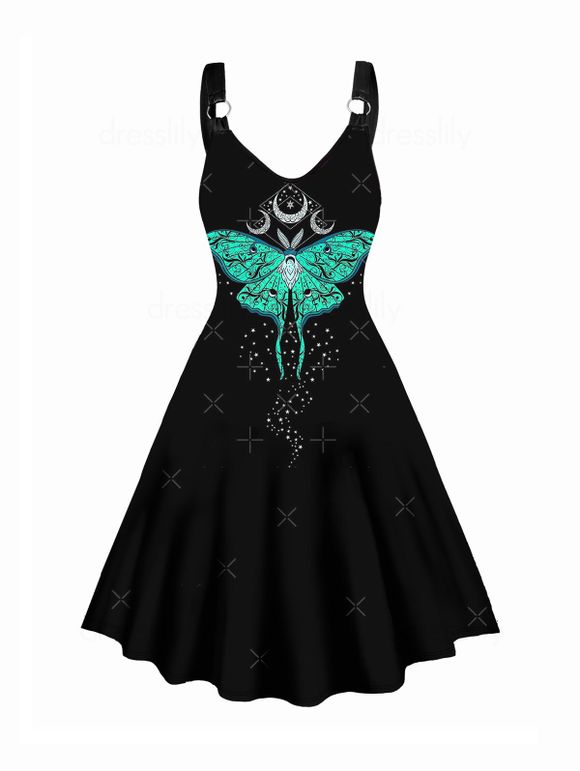 Butterfly Print Tank Dress O Ring A Line Casual Midi Dress - BLACK L