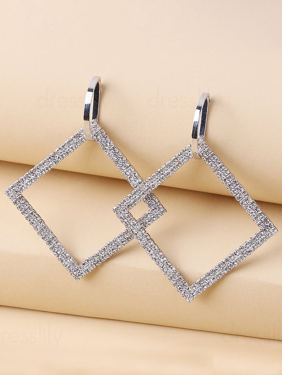 Boucles D'Oreilles Pendantes Géométriques Carrées en Métal avec Strass - Argent 1 PAIR