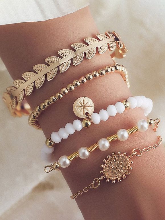 5 Pièces Ensemble de Bracelets Chaîne Perlé Feuille Réglable en Métal - d'or 