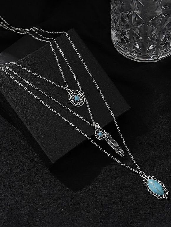 Collier en Chaîne à Plusieurs Branches avec Pendentifs Plume Fleur et Turquoise Fantaisie - Argent 