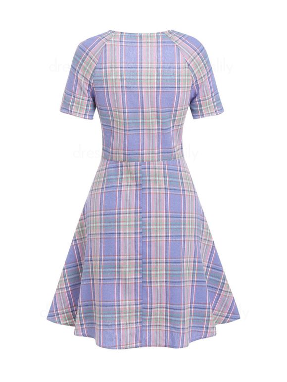 Mini Robe Evasée Vintage à Carreaux à Volants Col en Forme de Cœur à Manches Raglan - Violet clair XL