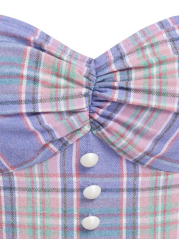 Mini Robe Evasée Vintage à Carreaux à Volants Col en Forme de Cœur à Manches Raglan - Violet clair XL