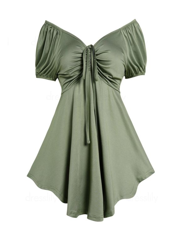 T-shirt Décontracté en Couleur Unie Ourlet Asymétrique Noué à Manches Courtes - Vert clair S