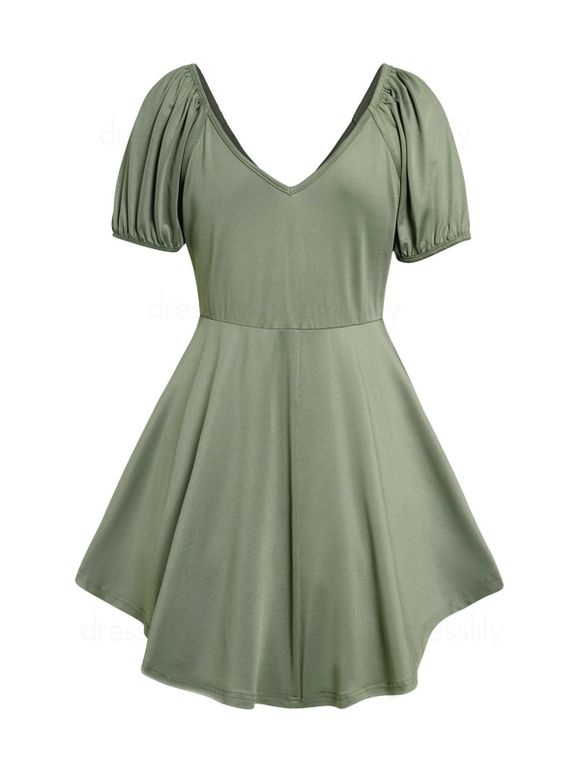 T-shirt Décontracté en Couleur Unie Ourlet Asymétrique Noué à Manches Courtes - Vert clair S