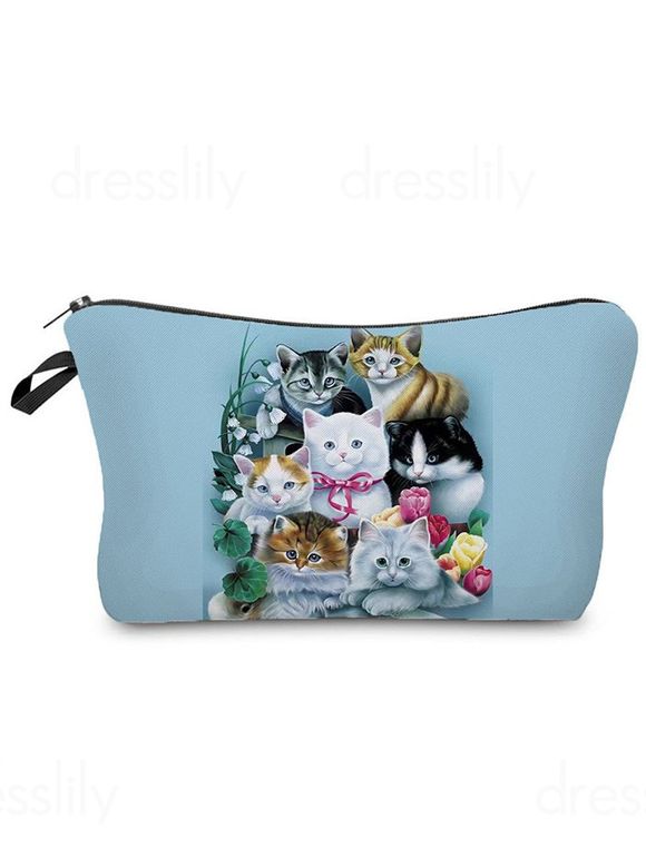 Sac de Rangement de Voyage Cosmétique Zippé à Imprimé Chat Mignon - Bleu clair 