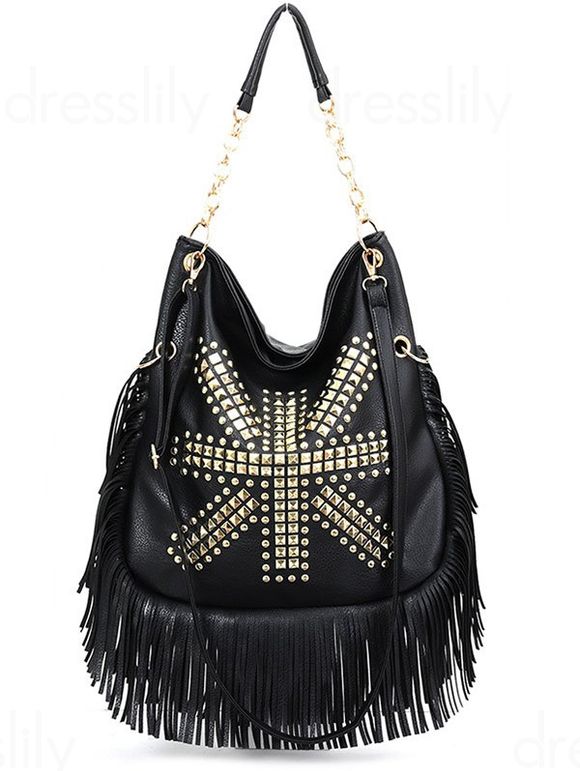 Sac à Bandoulière Réglable avec Rivets et Pompons Style Punk - Noir 