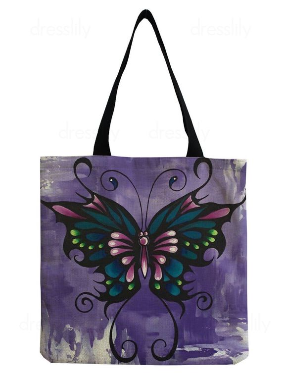 Butterfly Print Zipper Canvas Large Capacity Tote Bag - PURPLE 