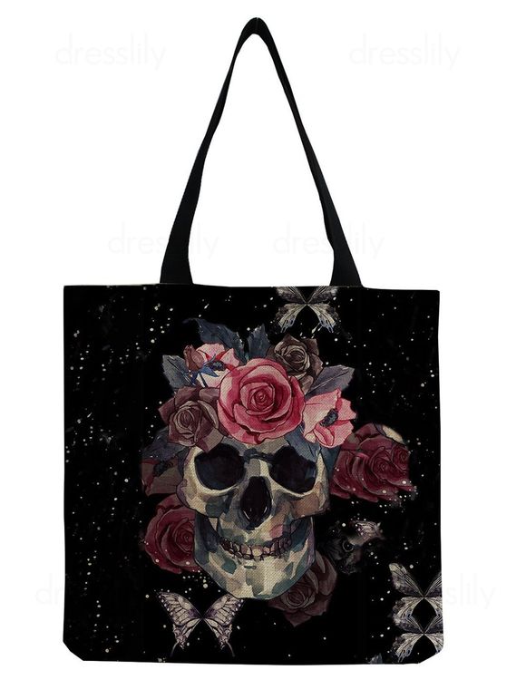 Sac Fourre-tout à Imprimé Crâne Fleur en Toile - Noir 