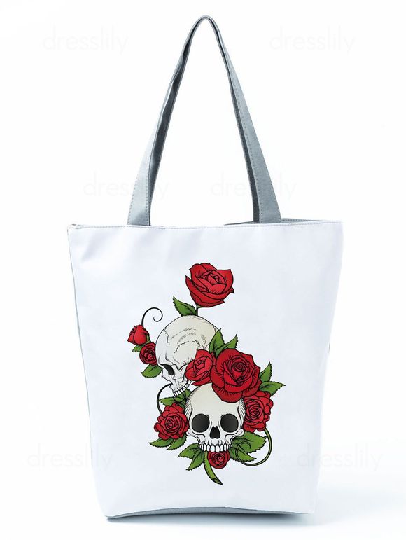 Sac Fourre-Tout en Toile avec Large Capacité à Imprimé Crâne et Fleurs - Blanc 