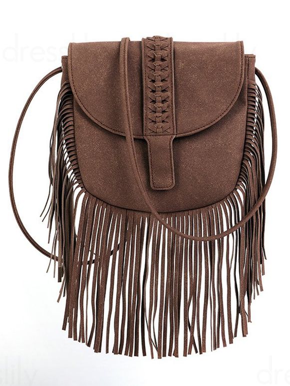 Sac à Bandoulière en Couleur Unie à Frange - Café profond 