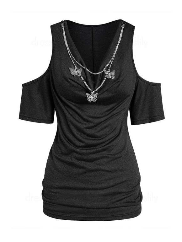 Cold Shoulder T Shirt Plain Color Casual Tee With Hollow Out Butterfly Chain - BLACK XL