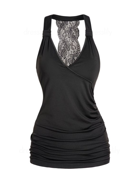 Crossover Ruched Halter Tank Top Sheer Flower Lace Panel Backless V Neck Tank Top - BLACK XL