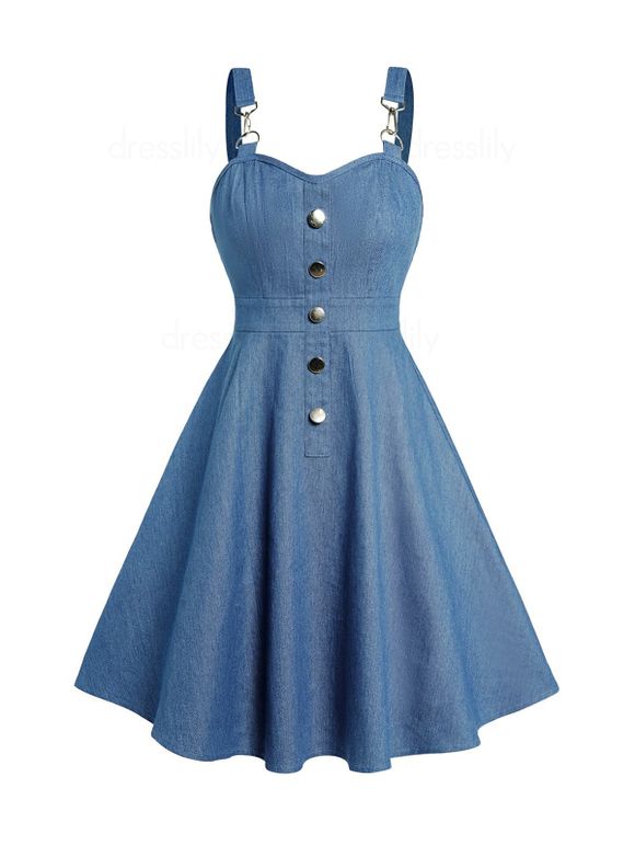 Plain Color Dress Bowknot Mock Button High Waisted Sleeveless A Line Mini Dress - LIGHT BLUE S