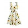 Mini Robe de Vacances Ceinturée à Imprimé Tournesol Anneau O à Epaule Nouée - Jaune clair M