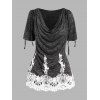 T-shirt Drapé Chiné Panneau en Dentelle à Epaule Dénudée - Noir XL