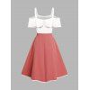 Two Tone Cold Shoulder Dress Layered Flounce Contrasting Piping Bowknot Short Sleeve Dress - LIGHT PINK S