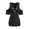 T-shirt Décontracté Simple Evidé en Couleur Unie à Epaule Dénudée avec Chaîne - Noir S