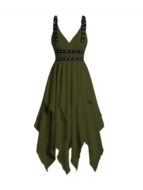 Plain Color Layered Dress Grommet Plunging Neck Empire Waist Adjustable Strap Asymmetrical Midi Dress