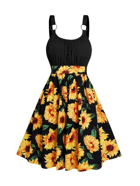 Sunflower Print Colorblock Sundress Ruched O Ring High Waist Vacation Dress