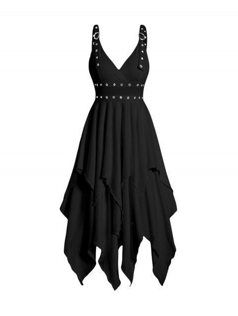 Plain Color Layered Dress Grommet Plunging Neck Empire Waist Adjustable Strap Asymmetrical Midi Dress