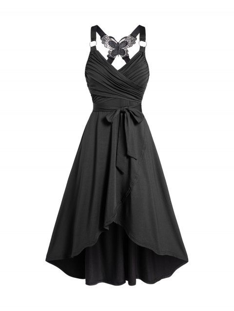 Crossover Dress Self Belted Bowknot Tied Butterfly Lace High Waisted A Line Midi Dress