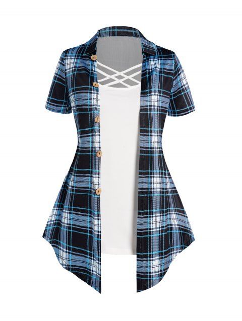 Casual Faux Twinset T Shirt Crisscross Plaid Print Mock Button Turn Down Collar Summer Tee
