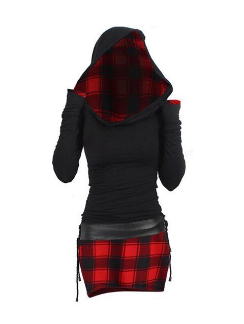 Plaid Print Turtleneck Belted Mini Dress Long Sleeve Ruched Bodycon Dress