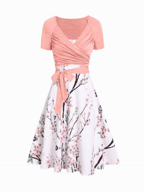 Peach Blossom Floral Print A Line Vacation Sundress and Bowknot Surplice T Shirt Two Piece Summer Set