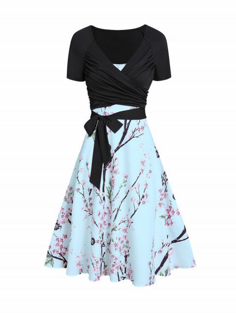 Peach Blossom Floral Print A Line Vacation Sundress and Bowknot Surplice T Shirt Two Piece Summer Set