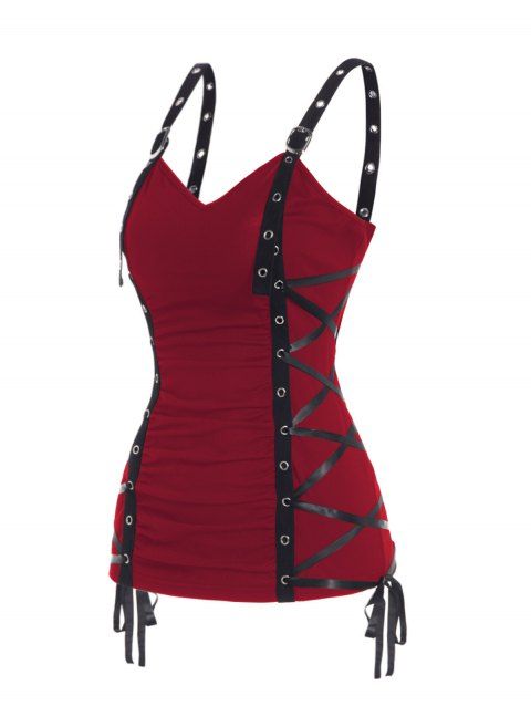 Plain Color Tank Top Ruched Grommet Lace Up Casual Tank Top