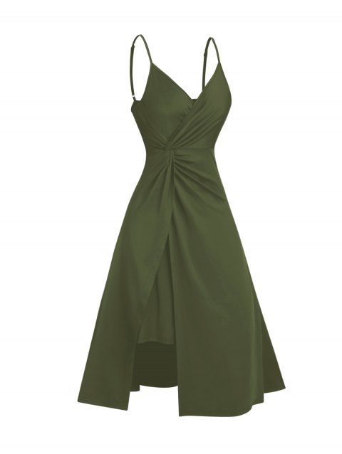 Plain Color A Line Midi Dress Twisted Slit Plunging Spaghetti Strap Summer Dress