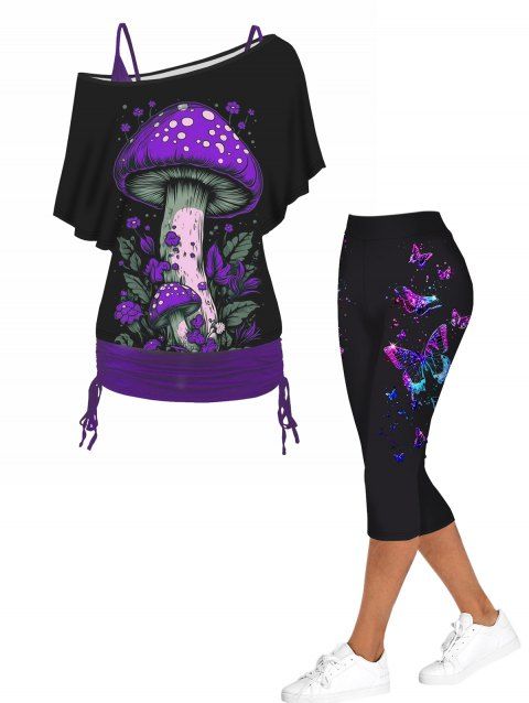 Mushroom Print Oblique Shoulder Cinched Tops and Capri Leggings Outfit