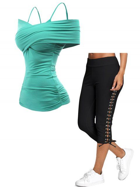 Ensemble de Top Ruché à Bretelles Fine Ajustable à Epaules Dénudées et Legging Moulant à Lacets
