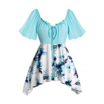 

Plus Size Aquarelle Flower Print Tie T Shirt Flutter Sleeve Casual Top, Light blue