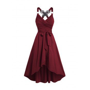 

Crossover Dress Self Belted Bowknot Tied Butterfly Lace High Waisted A Line Midi Dress, Deep red