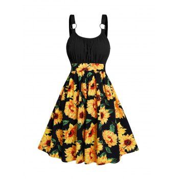 

Sunflower Print Colorblock Sundress Ruched O Ring High Waist Vacation Dress, Black