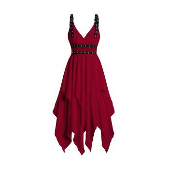 

Plain Color Layered Dress Grommet Plunging Neck Empire Waist Adjustable Strap Asymmetrical Midi Dress, Deep red