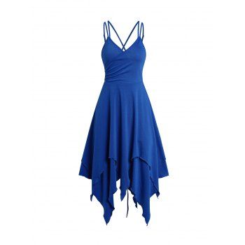 

Plain Color Dress Crisscross Layered Asymmetrical Hem Lace Up Surplice Midi Dress, Deep blue