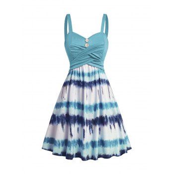 

Tie Dye Print Dress Mock Button Crossover High Waisted Sleeveless A Line Mini Dress, Light blue