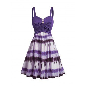 

Tie Dye Print Dress Mock Button Crossover High Waisted Sleeveless A Line Mini Dress, Concord