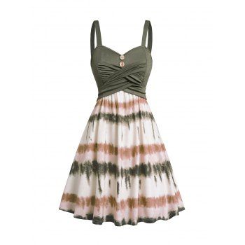 

Tie Dye Print Dress Mock Button Crossover High Waisted Sleeveless A Line Mini Dress, Deep green