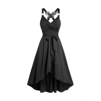 

Crossover Dress Self Belted Bowknot Tied Butterfly Lace High Waisted A Line Midi Dress, Black