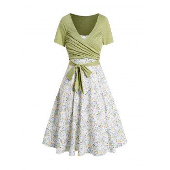 

Plaid Leaf Printed A Line Vacation Sundress and Bowknot Surplice T Shirt Two Piece Summer Set, Light green