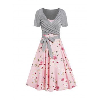 

Butterfly Floral Print A Line Vacation Sundress and Bowknot Surplice T Shirt Two Piece Summer Set, Red